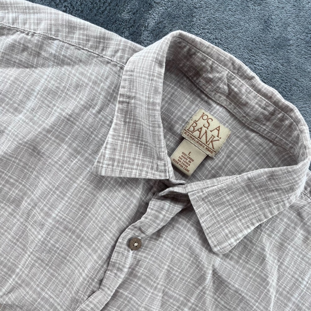 Jos. A. Bank Mens Large Tan Plaid 100% Linen Short Sleeve Button Down Shirt